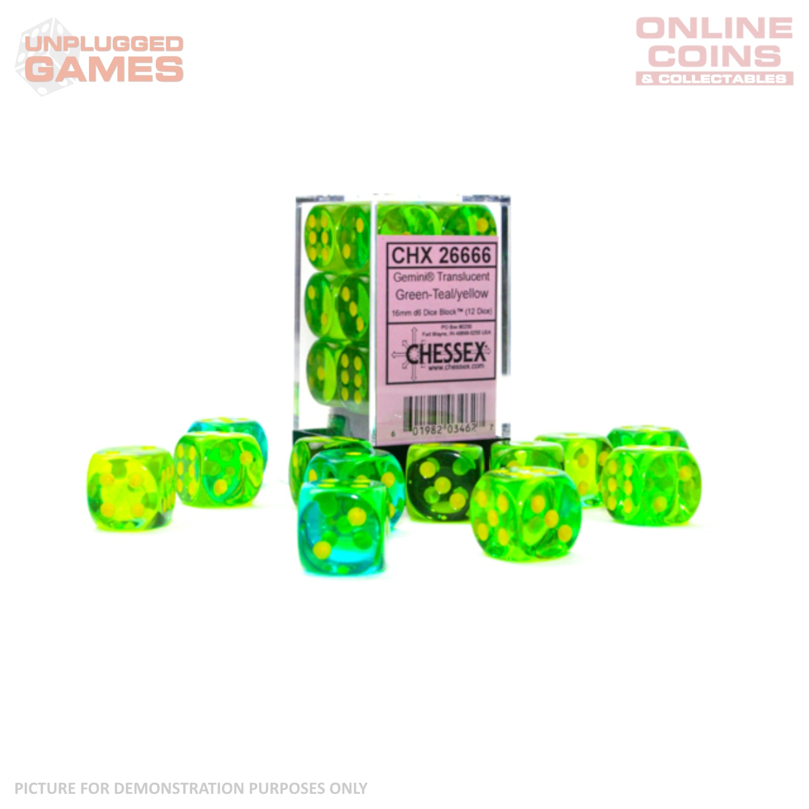 CHESSEX D6 Dice 16mm (12) - Gemini Translucent Green-Teal/Yellow Block